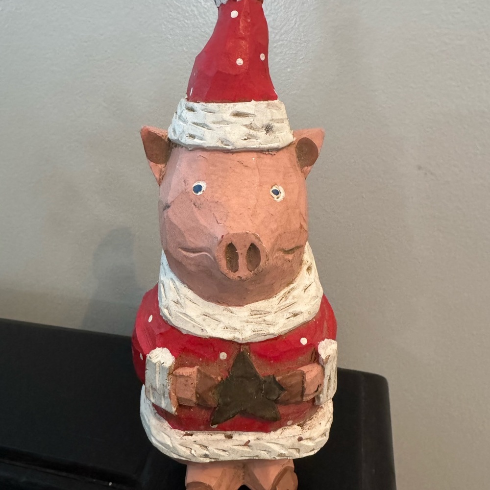 Vintage Primitive Wood Carved Look Santa Pig Figurine 6 1/2" - Picture 3 of 8